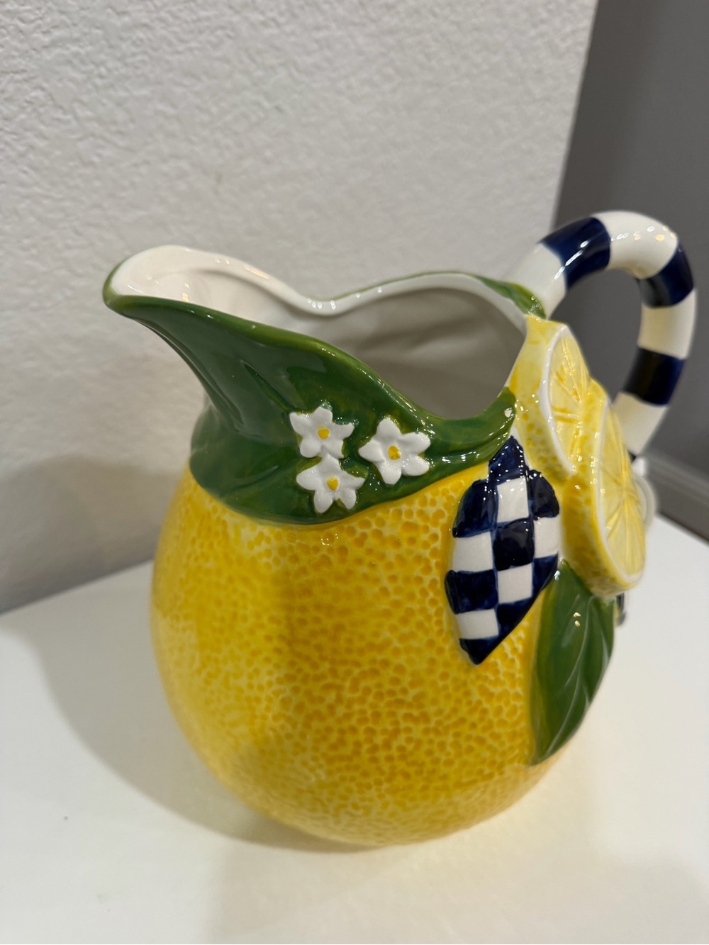 Yellow Lemon Ceramic Pitcher with Navy Check Handle and Green Leaf Accents